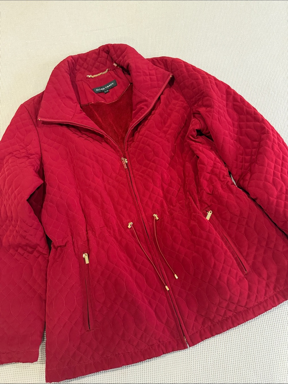 Ellen Tracy Red Quilted Drawstring Waist Puffer Jacket